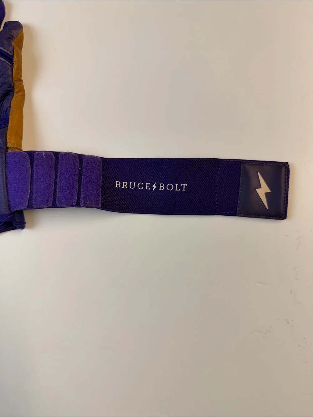 Bruce Bolt Purple and Tan Leather Gloves w/ Wrist Strap & Pink Bolt Mens Small